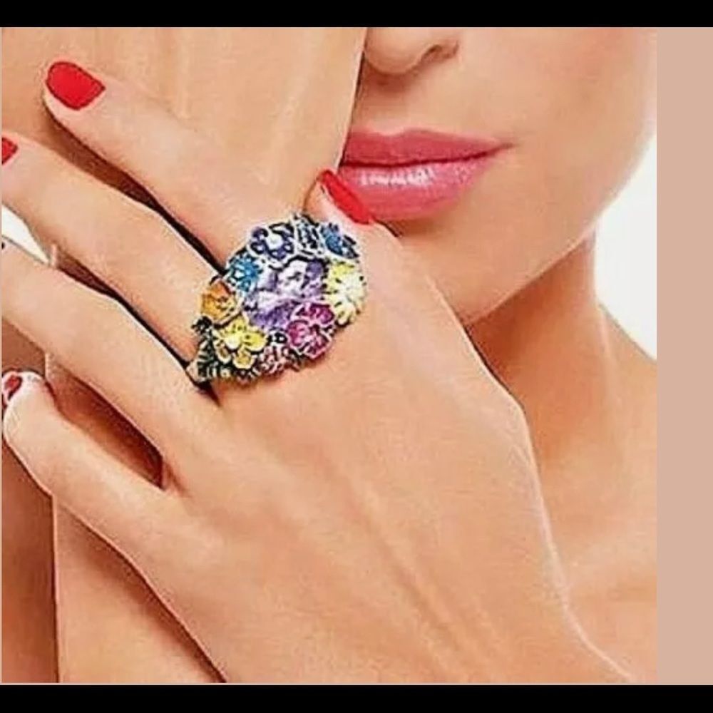 RARE! VTG Y2K? AVON *Floral* Butterfly Double 2 finger Ring M 7/8